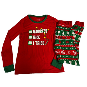 Christmas Fammy Jammies Two Piece Pyjamas Unisex Adult Medium Naughty Nice Tried